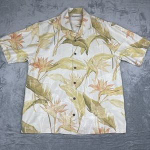 VTG‎ Tommy Bahama Hawaiian Silk Shirt Men Large Yellow Floral Button UP Camp EUC